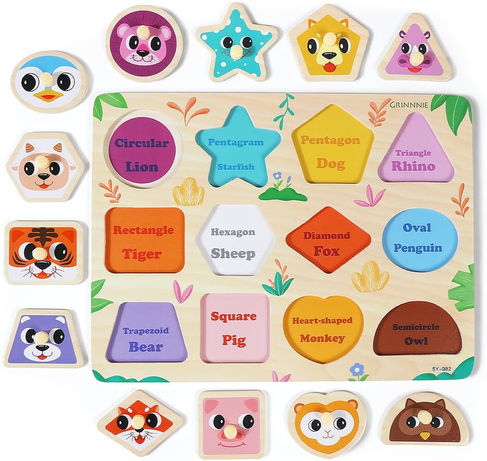 GRINNNIE - Rompecabezas de madera para niños pequeños de 3, 4 y 5 años, juguetes Montessori para niños pequeños, 5 rompecabezas con perilla, número, alfabeto, forma y animal, gran regalo de cumpleaños de Navidad para niños y niñas