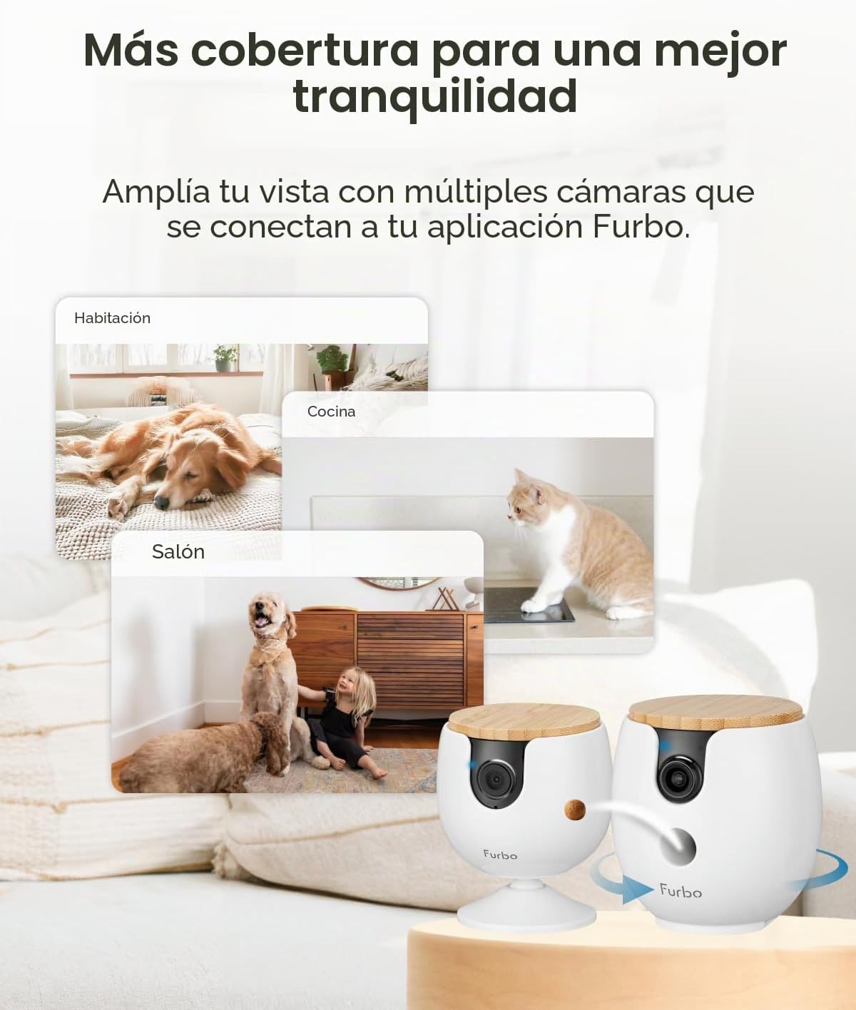 Furbo [Nueva mini cámara de 360° + mini cámara [nueva suscripción requerida en la configuración] (suscripción de niñera de 2 cámaras): Alertas de seguridad para mascotas, cámaras para perros y gatos