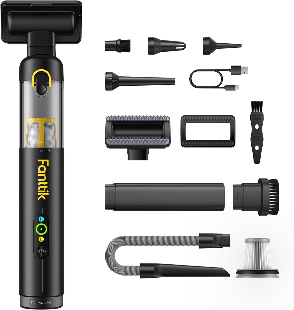 Fanttik Slim V10 APEX - Aspiradora inalámbrica para automóvil, mini aspiradora portátil 4 en 1, pantalla digital inteligente mejorada, potencia de succión de 19 kPa, 2 modos de succión para trabajos