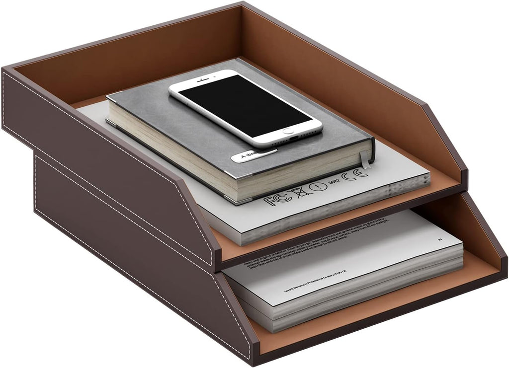 Bandeja de cuero para cartas, organizador de escritorio apilable para suministros de oficina, papel, archivo, revista, organización de oficina perfecta para escritorio (marrón-2 niveles)
