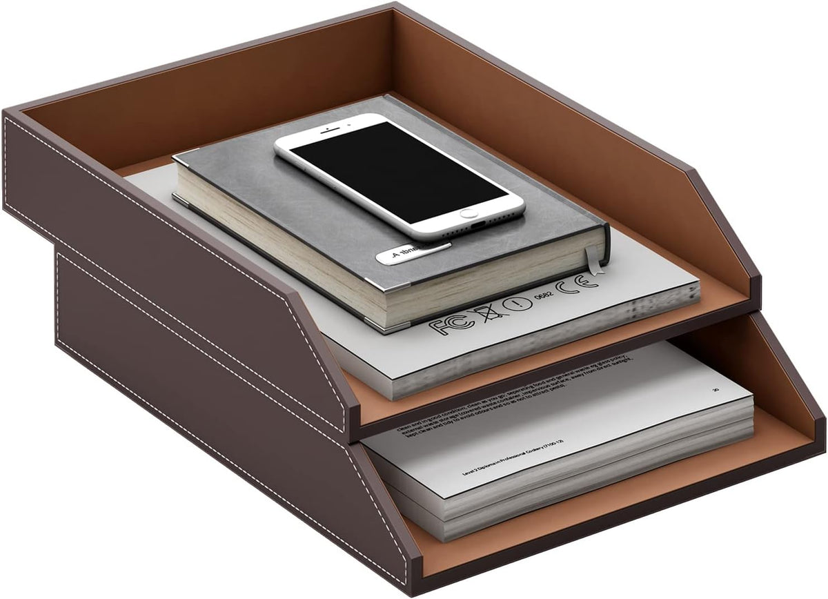 Bandeja de cuero para cartas, organizador de escritorio apilable para suministros de oficina, papel, archivo, revista, organización de oficina perfecta para escritorio (marrón-2 niveles)