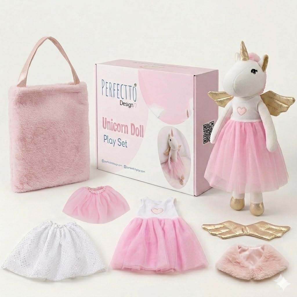 Perfectto Design Muñeca Unicornio Bailarina Animal de Peluche para Niñas - Juego de Muñeca de Juguete de Peluche, Bolsa, Ropa de Tutú, Alas - Juego para Regalo de Niña de 3 4 5 Años para Niña Pequeña
