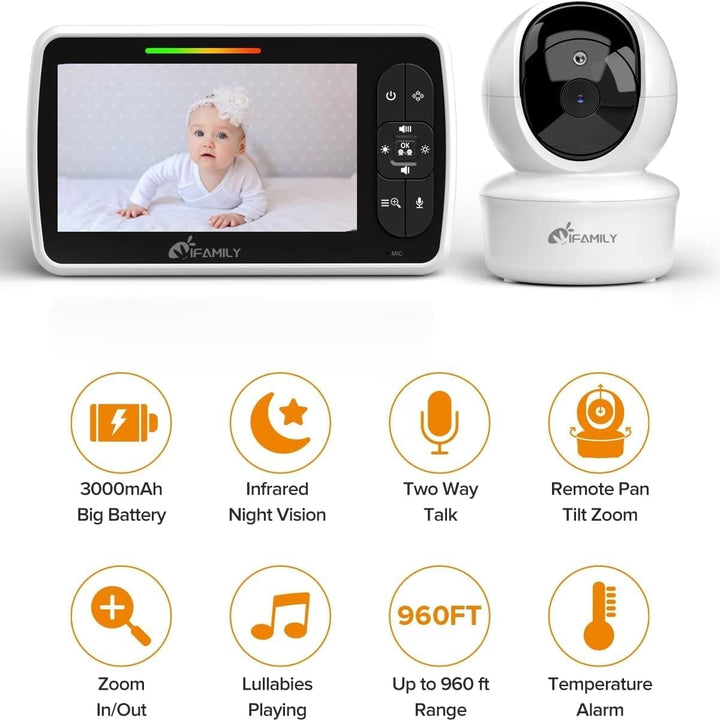 iFamily Monitor de bebé \u2013 Pantalla grande de 5 pulgadas con ba...