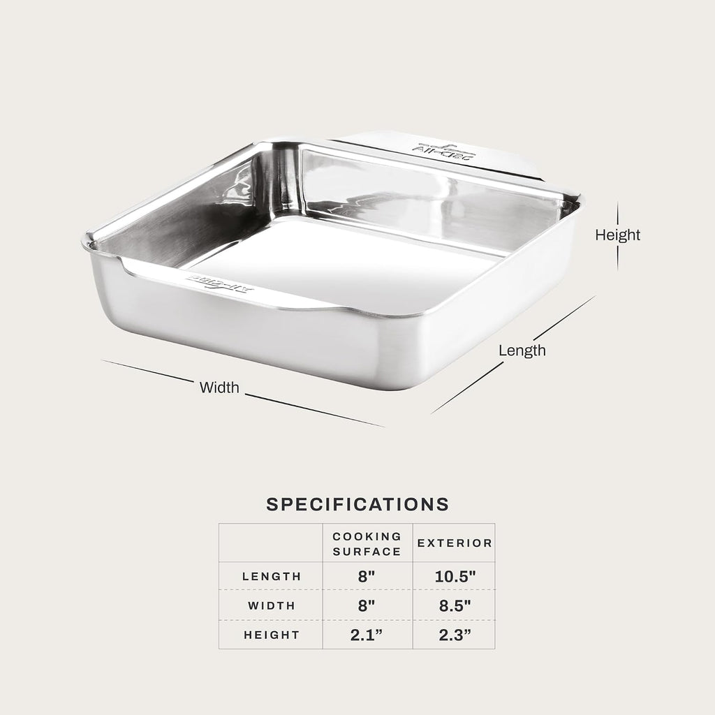 All-Clad Bandeja cuadrada de acero inoxidable para hornear tartas de 8 x 8 pulgadas, triple capa unida para hornear consistente, (asar, hornear galletas, brownies y más) utensilios profesionales de