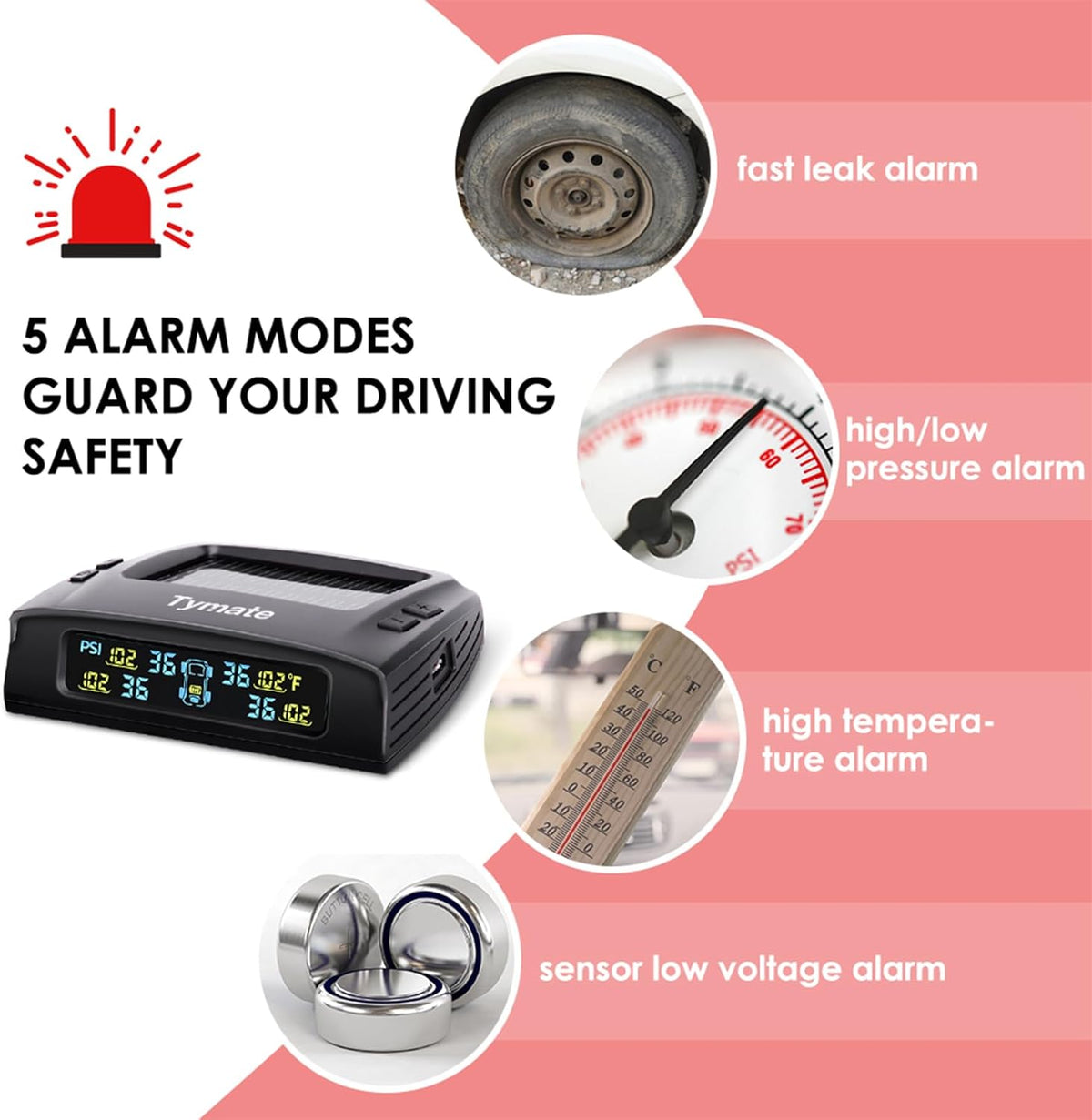 Tymate Sistema de monitoreo de presión de neumáticos TM2 RV, monitor de presión de neumáticos con carga solar, TPMS con 4 sensores (máximo 10) y 6 modos de alarma, nueva actualización con pantalla LCD