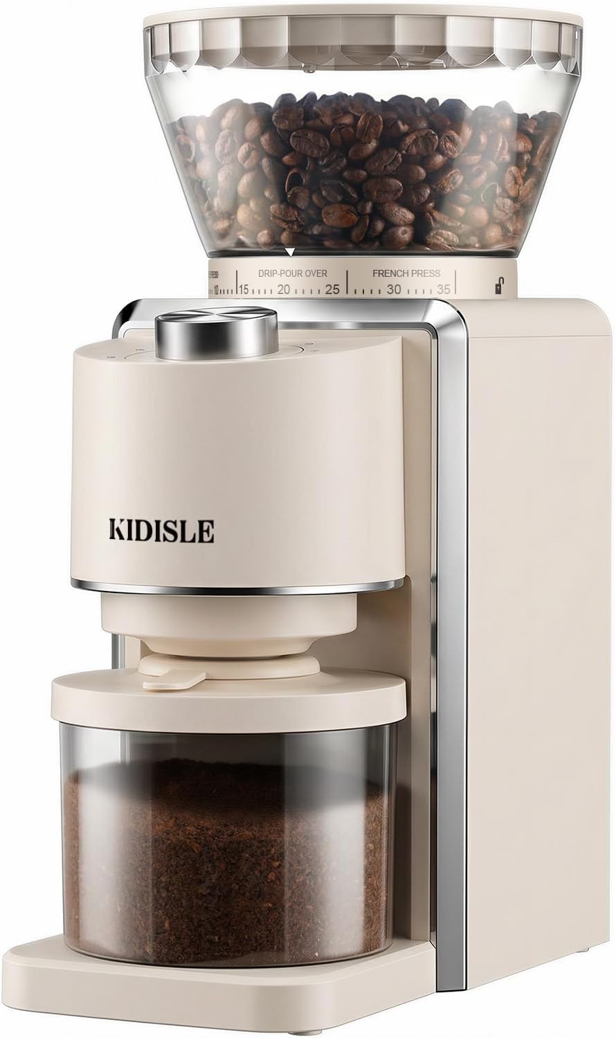 KIDISLE Molinillo de café cónico 2.0, molinillo eléctrico de granos de café para molienda precisa, 35 ajustes, selector de 2 a 12 tazas, diseño antiestático para uso doméstico, color beige