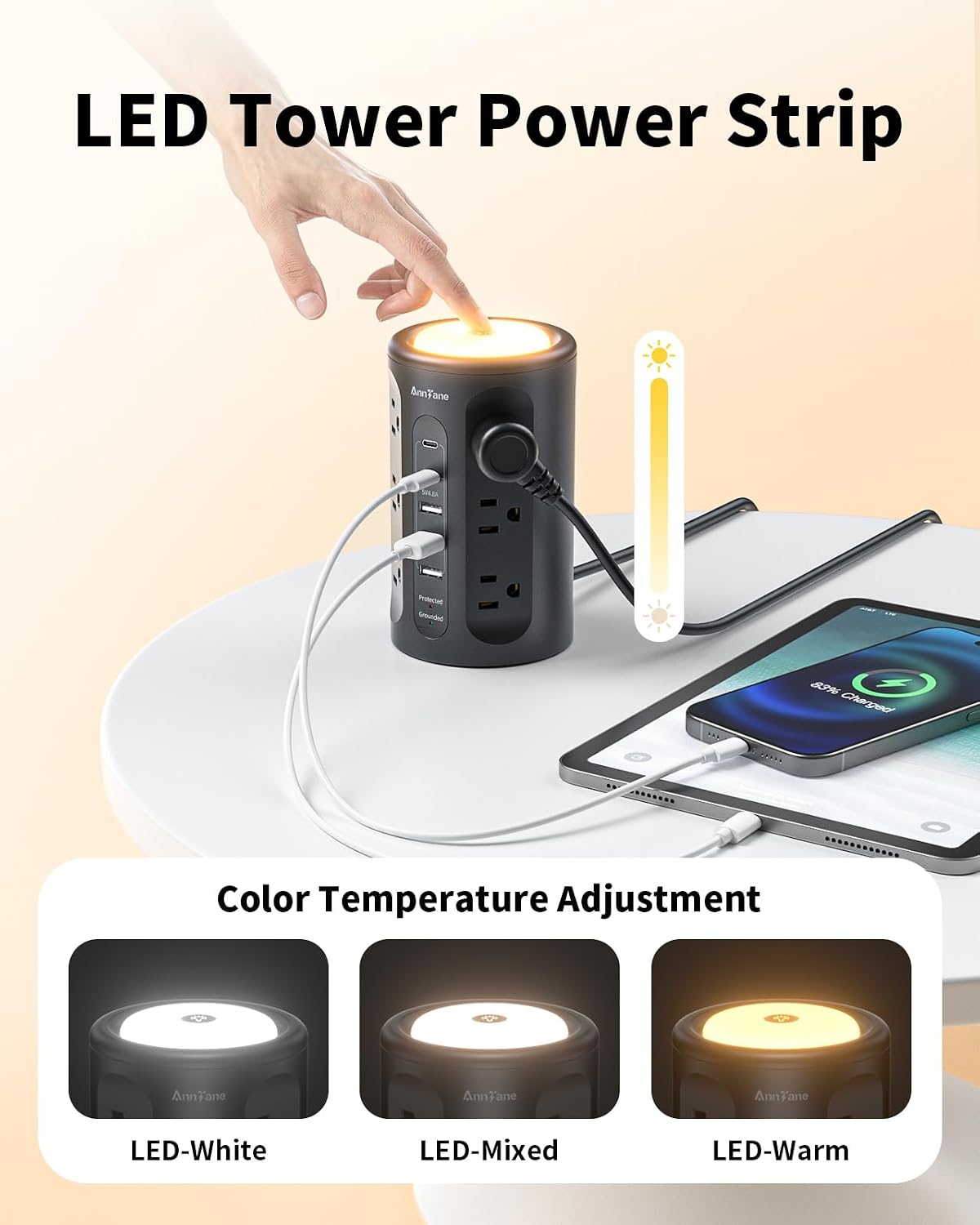 Torre de tira de alimentación AnnTane con luz nocturna, tira de alimentación con protector de sobretensiones y puertos USB, cable de extensión de 10 pies con múltiples tomas (12AC+3A+2C) para