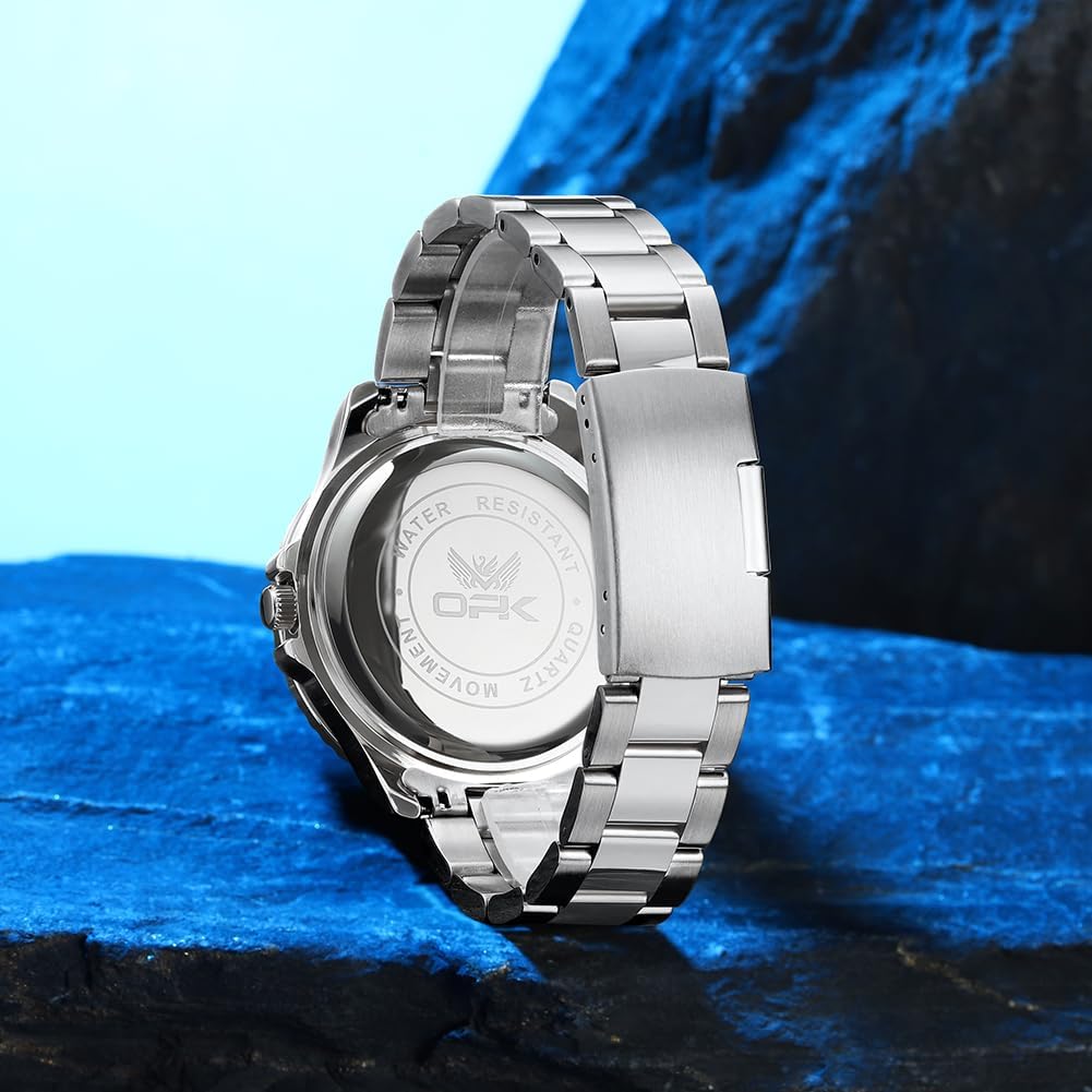 OPK Relojes para hombres de diamantes romanos analógicos relojes impermeables grandes de acero inoxidable para hombre, reloj de pulsera de negocios para padre, reloj de regalo, azul