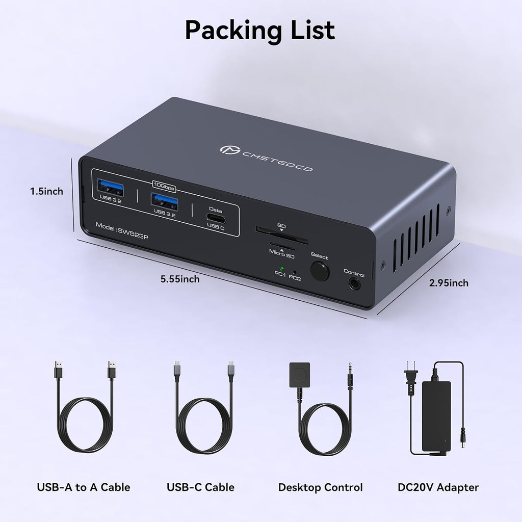 Estación de acoplamiento KVM USB-C Conmutador KVM 2 Monitores 2 Computadoras DisplayPort 4K a 120Hz para 1 Escritorio 1 Laptop Compartir Monitor Dual con USB 3.2 Gen2 10Gbps, 100W PD, SD/MicroSD