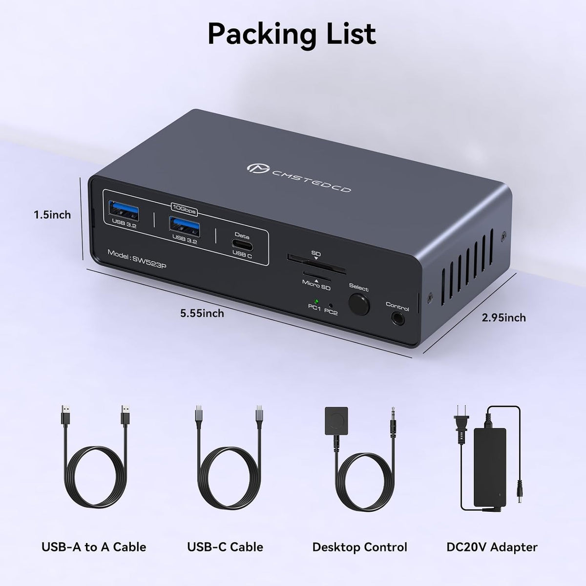 Estación de acoplamiento KVM USB-C Conmutador KVM 2 Monitores 2 Computadoras DisplayPort 4K a 120Hz para 1 Escritorio 1 Laptop Compartir Monitor Dual con USB 3.2 Gen2 10Gbps, 100W PD, SD/MicroSD