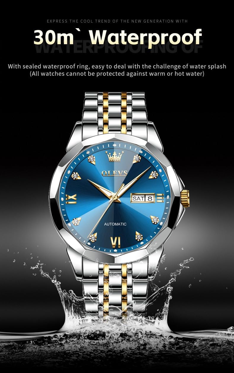 OLEVS Relojes de Hombre Esqueleto Automático Lujo de Negocios Diamante Autoentregado (Self Winding) Reloj de Pulsera de Acero Inoxidable con Calendario