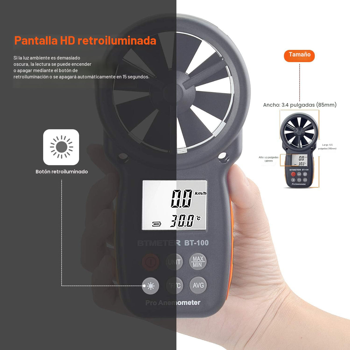 BT-100 Anemómetro de mano, medidor digital de velocidad del viento CFM probador medidor de velocidad de flujo de aire para dron de filmación HVAC, sensación térmica, temperatura del viento de