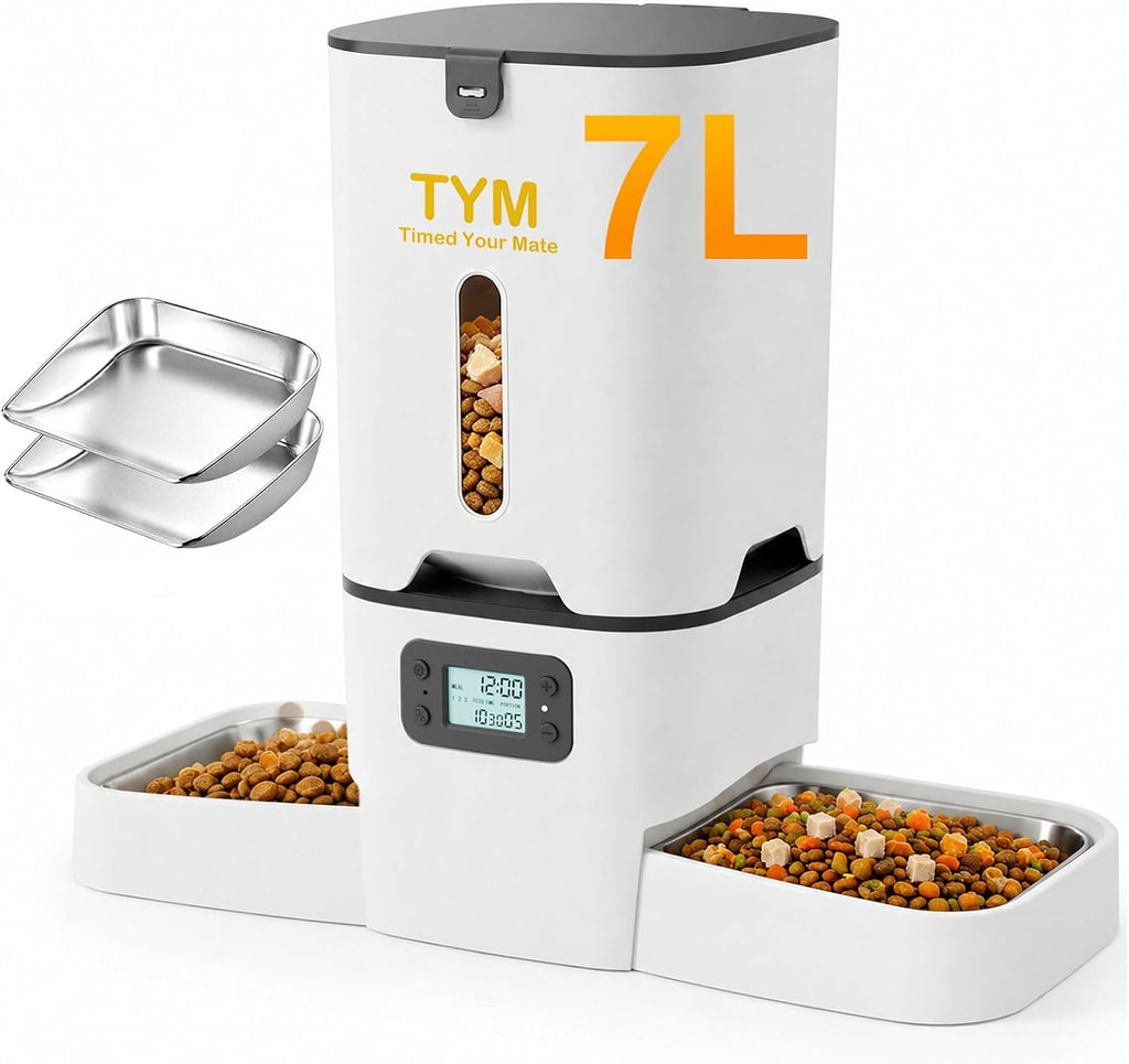 Comedero Automático para Gatos 2 Gatos, Dispensador de alimento seco de 7L con Bol de Doble