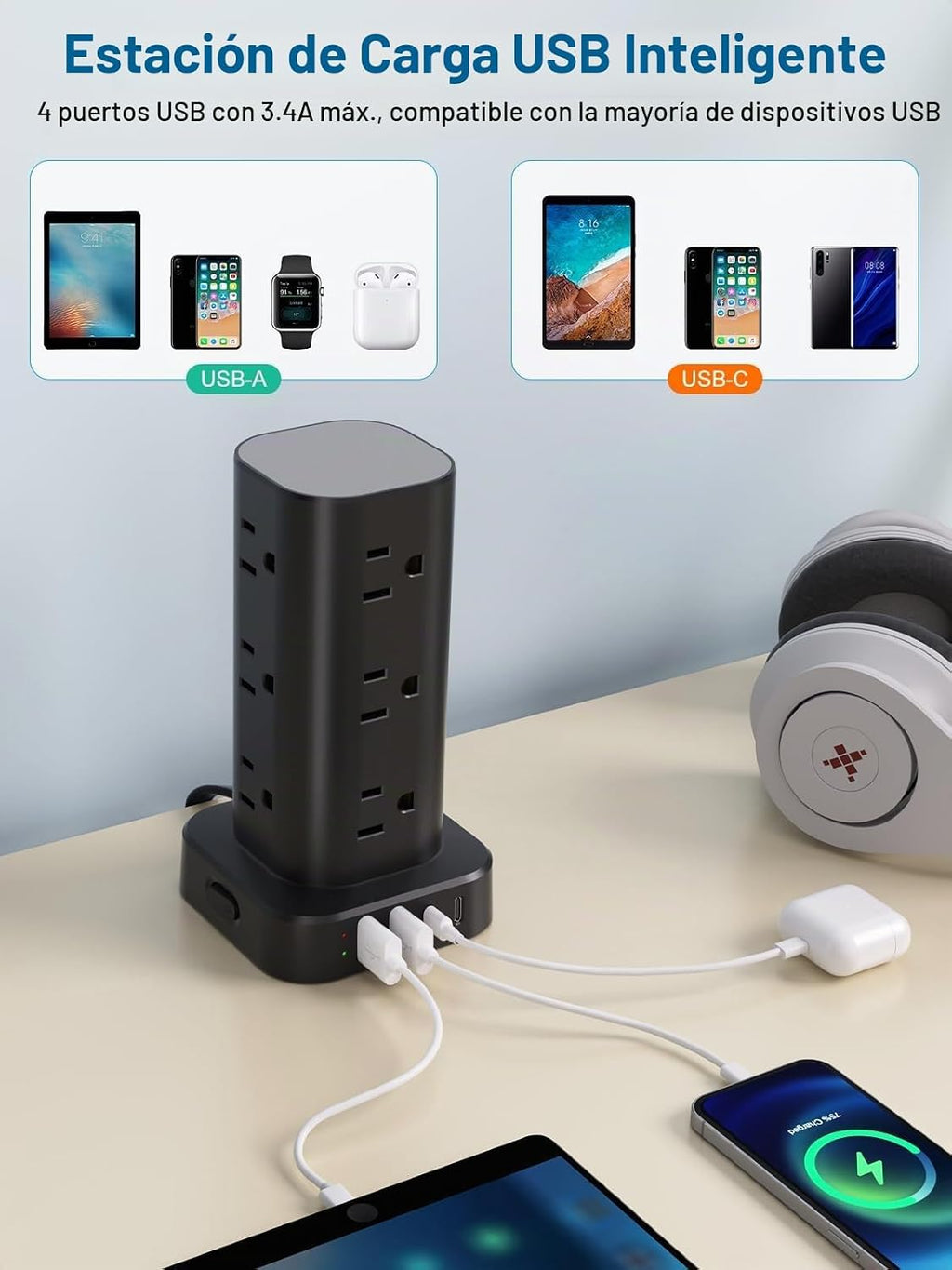 Regleta de alimentación de torre con múltiples salidas, protector de sobretensiones de enchufe plano, cable de extensión de torre con 12 tomas de CA, 4 puertos USB (2 USB C), cable de 6 pies