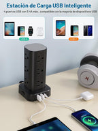 Regleta de alimentación de torre con múltiples salidas, protector de sobretensiones de enchufe plano, cable de extensión de torre con 12 tomas de CA, 4 puertos USB (2 USB C), cable de 6 pies