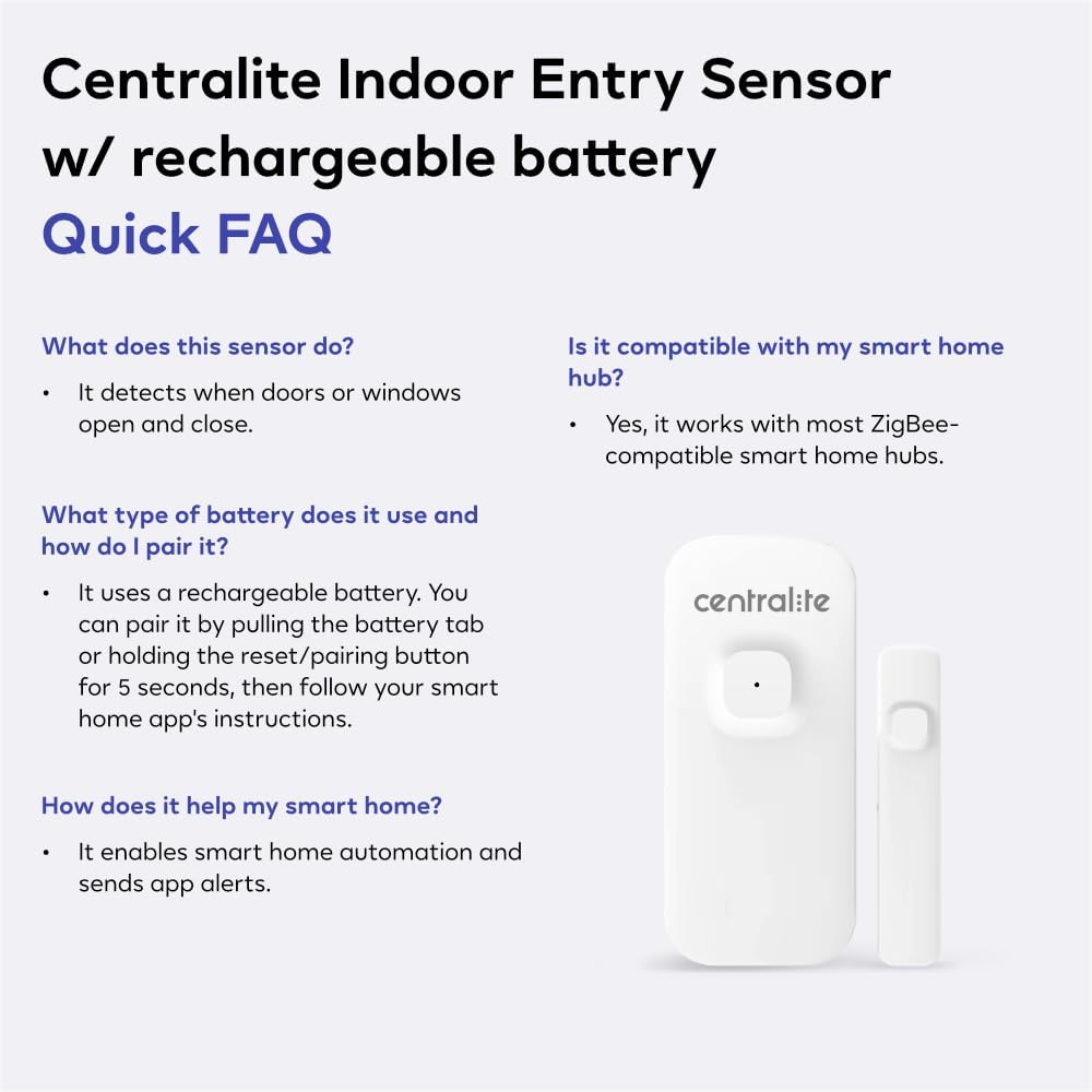 Centralite Sensor de entrada interior con batería recargable | Sensor inteligente de ventana de puerta de casa | Compatible con Zigbee 3.0 | Alarma de seguridad inalámbrica | Compatible con