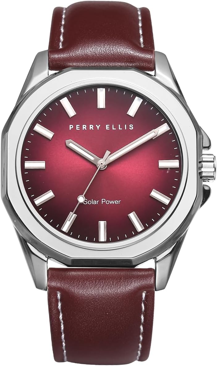 Reloj Perry Ellis para hombre con energía solar | Relojes de pulsera analógicos resistentes al agua de cuero vegano para hombre | Caja de 42mm | Relojes para hombres | Elegante regalo para hombre