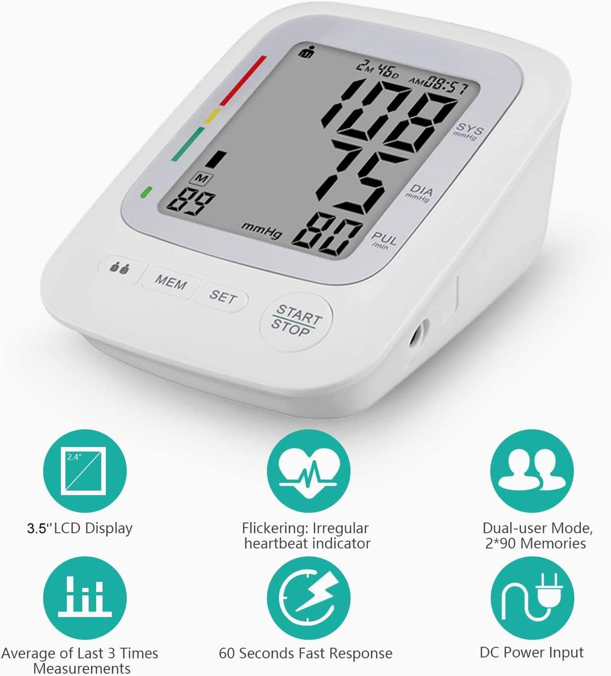 Monitor electrónico de presión arterial, monitor digital automático de presión arterial superior del brazo, brazalete grande, 2 usuarios 180 memoria grande, indicador de frecuencia cardíaca irregular, con adaptador de CC para uso doméstico