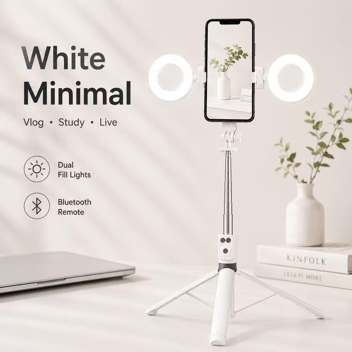 Trípode blanco del teléfono con la luz, 67 en Selfie Stick para el iPhone