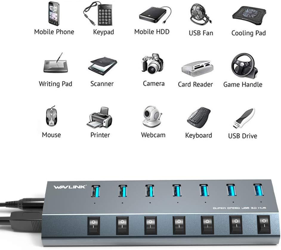 WAVLINK, UH3076-1, hub USB 3.0 de 7 puertos, alimentado, adaptador 5V/2.4A