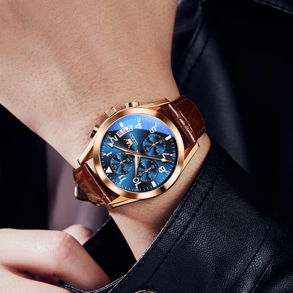 OLEVS Reloj de vestir de cuero para hombre, casual, cuarzo, marrón, pulsera, con fecha