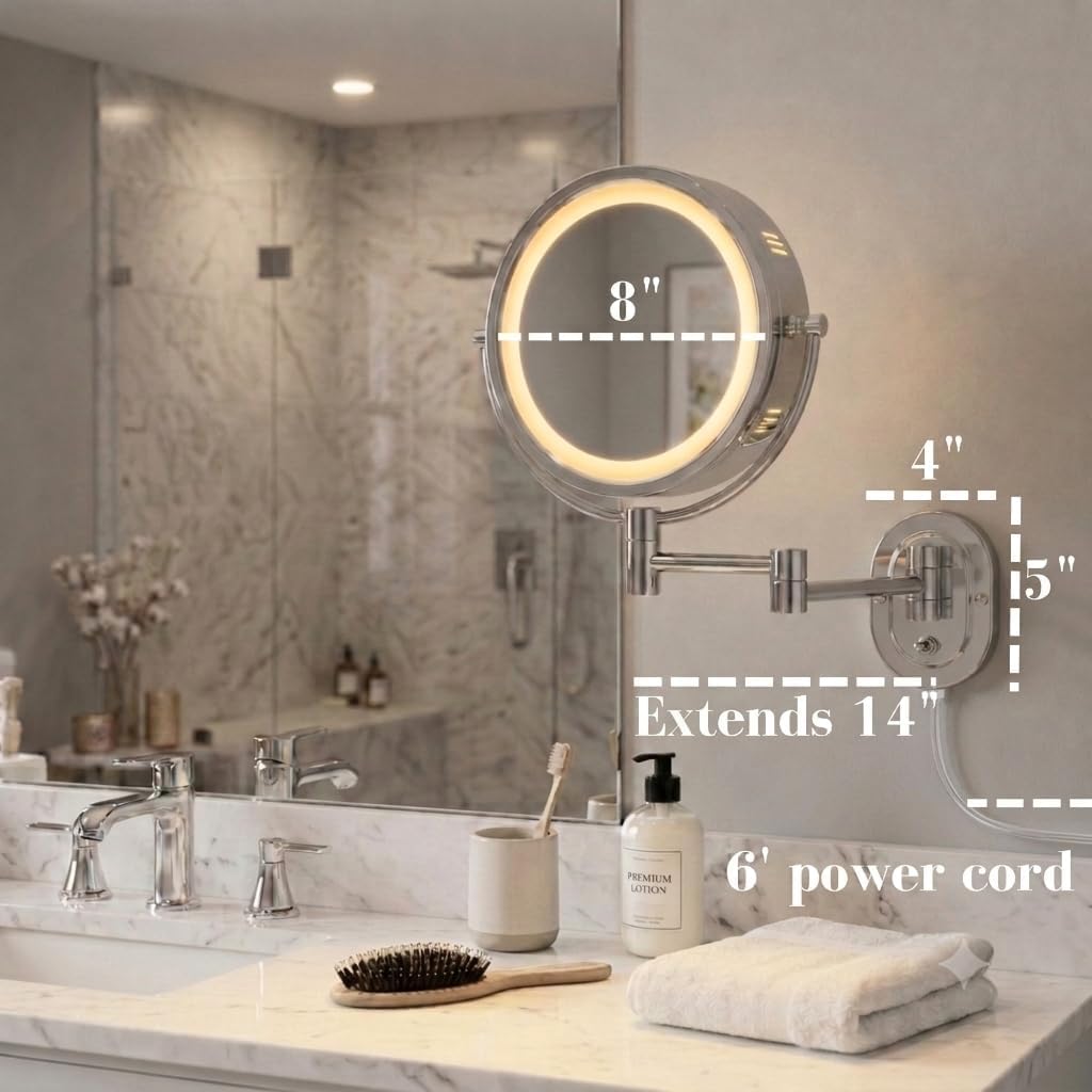 Espejo de pared jerdon de 8 pulgadas, con 5 aumentos, iluminado, extensión de 13 pulgadas. , Iluminado, L, Nickel
