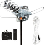 Five Star Antena HDTV amplificada OTA de rotación de 360 grados motorizada para exteriores de 150 millas para 2 televisores - Canales UHF/VHF/1080P Control remoto inalámbrico - Cable coaxial RG6 de 40 pies