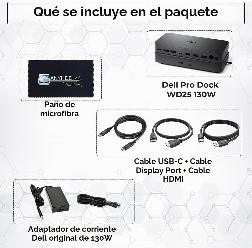 Estación de acoplamiento Pro Dock WD25 USB-C – 100 W de potencia, soporte de pantalla 4K dual, incluye HDMI Anyhdd, DisplayPort y cable C a C, garantía de 3 años