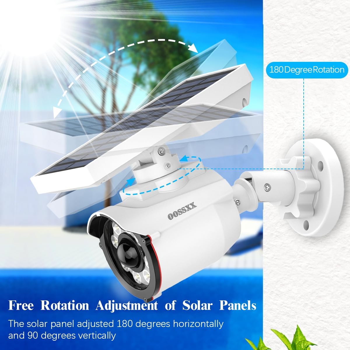 OOSSXX Cámara falsa inalámbrica con energía solar para exteriores, sin cables, luz de movimiento solar, sensor de movimiento, reflectores más brillantes, foco de iluminación puntual, detector activado