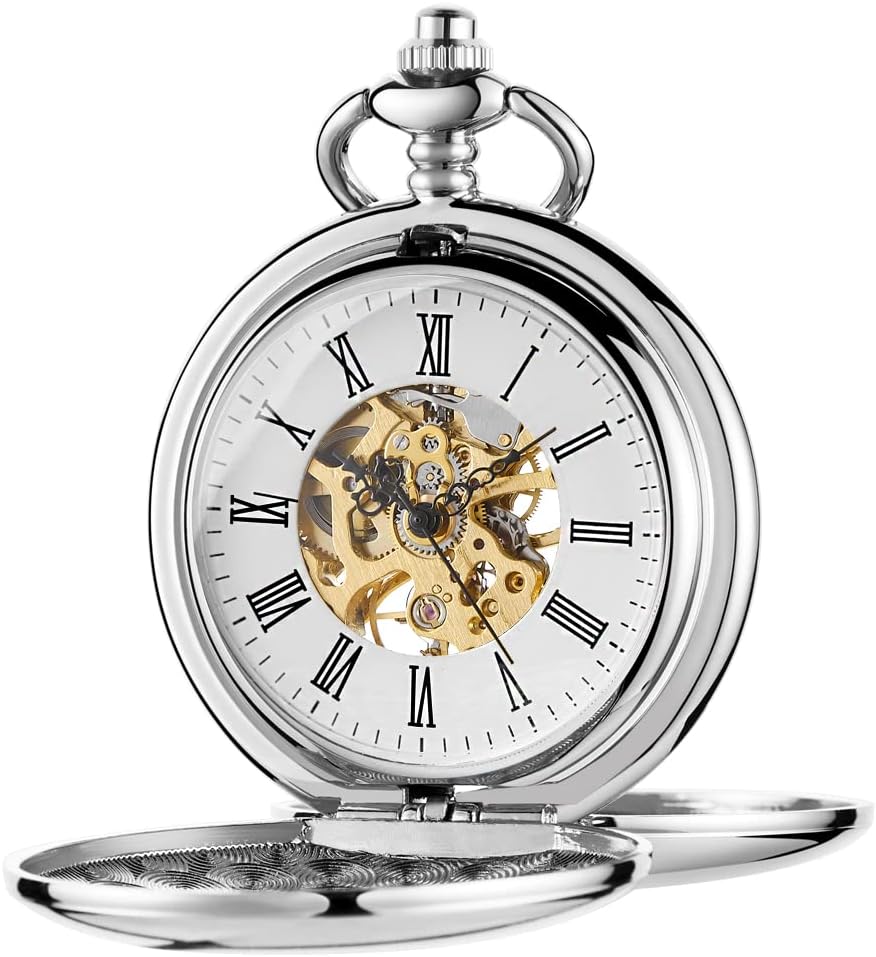 Reloj de Bolsillo Mecánico Hunter de Doble Apertura Plateado y Liso para Hombre