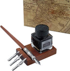 GC Pluma de madera antigua Pluma de caligrafía hecha a mano Juego de bolígrafos de punta de inmersión Estuche de escritura con pluma de tinta negra Cartuchos de soporte de madera LL-184
