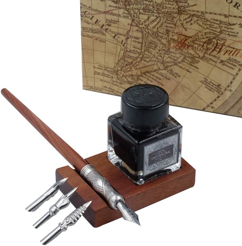 GC Pluma de madera antigua Pluma de caligrafía hecha a mano Juego de bolígrafos de punta de inmersión Estuche de escritura con pluma de tinta negra Cartuchos de soporte de madera LL-184