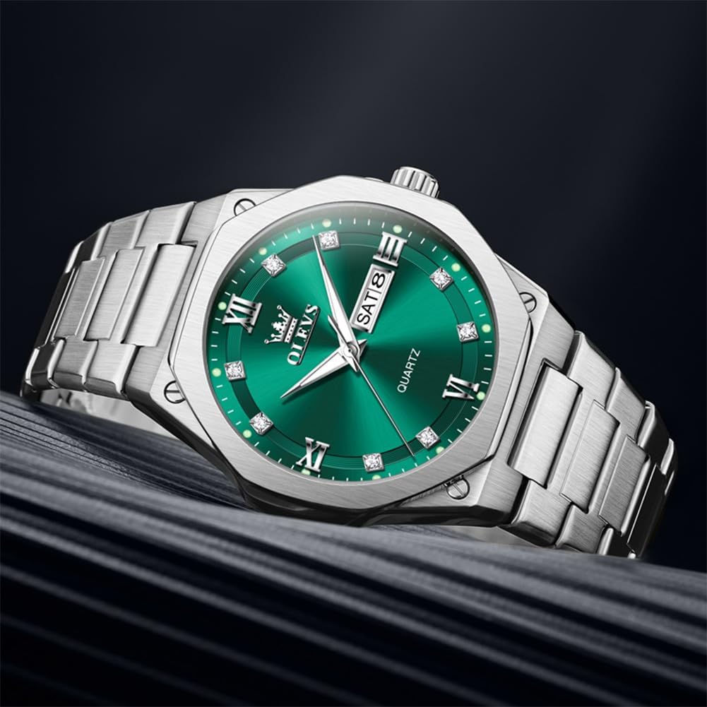 OLEVS Reloj de cuarzo octogonal de acero inoxidable para hombre, resistente al agua, para negocios, casual, de vestir, reloj de pulsera de lujo con diamantes luminosos para el día y fecha, regalo para