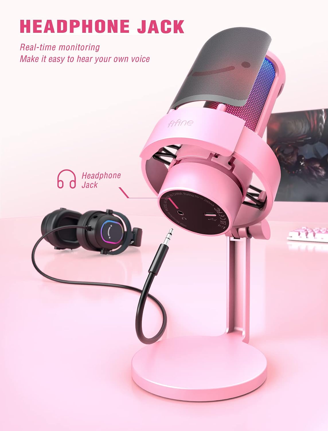 Micrófono de transmisión FIFINE USB para juegos, micrófono de condensador de escritorio para PC, para video y uso en casa, YouTube, con control RGB, perilla de ganancia, conector de auriculares 3.5 mm, montaje antivibración, para computadora/PS5-AmpliGame