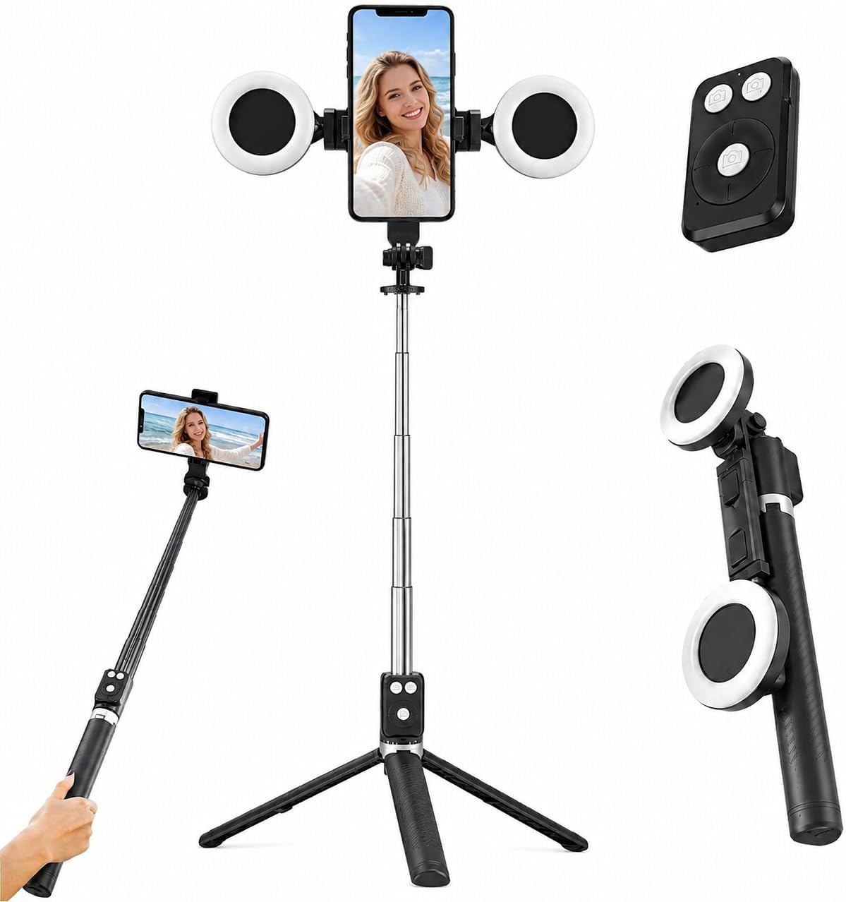 Trípode negro para iPhone con luz, soporte de luz de anillo para iPhone, soporte ajustable para selfie stick con luz de relleno, trípode extensible para teléfono para grabación de video, transmisión en vivo y fotografía