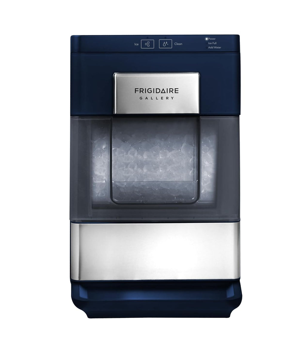 Frigidaire Gallery, Máquina de hielo para encimera de 33 libras, hielo en forma de pepitas, ribete de acero inoxidable (Azul marino)