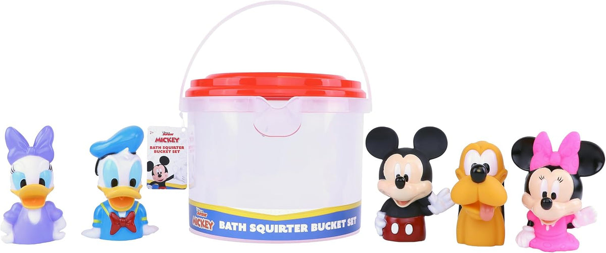 Mickey y amigos juego de 6 piezas de juguetes de baño con pulverizador. Juguetes de baño para bebés y niños pequeños, incluye cubo organizador con drenaje para guardar tus juguetes de agua para el