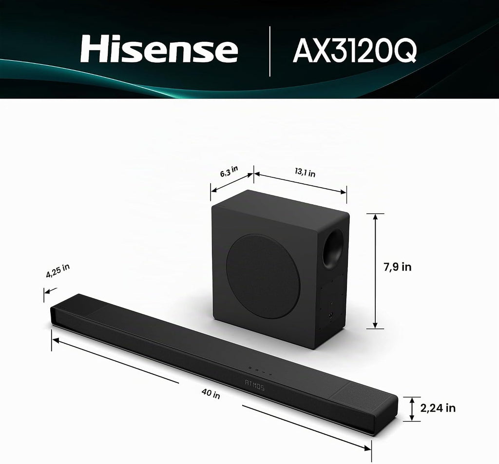 Hisense AX3120Q - Barra de sonido de 3.1.2 canales con subwoofer inalámbrico, altavoces de encendido ascendente, Dolby Atmos, DTS:X, Bluetooth 5.3, HDMI eARC, Roku TV Ready, control de aplicación y control remoto, 7 modos de ecualización, Hi-Concerto