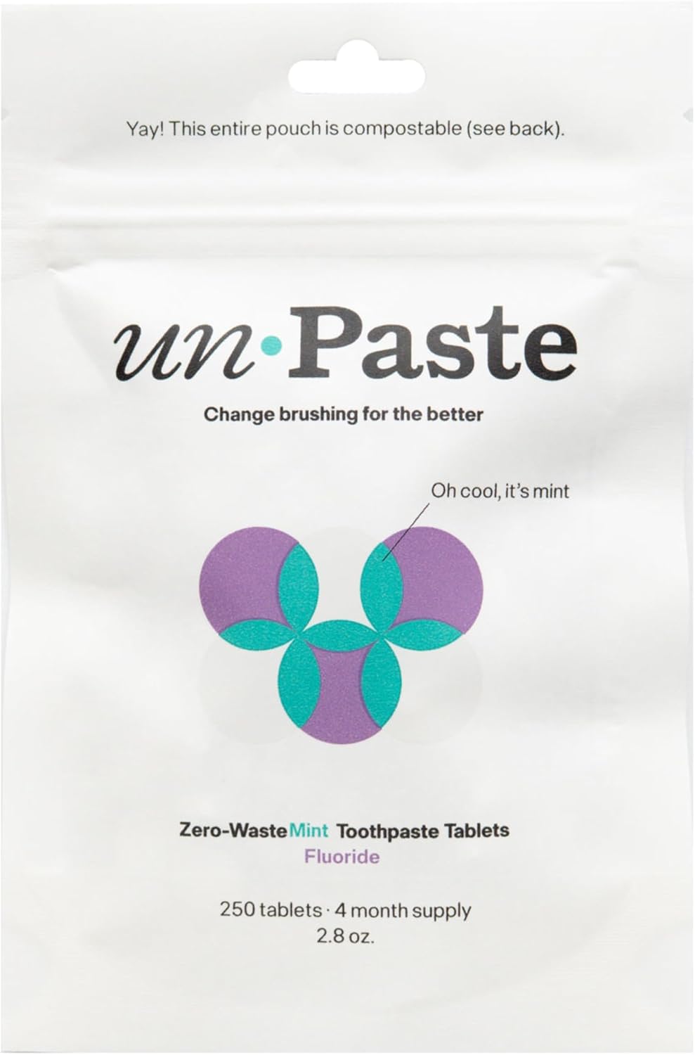 Tabletas de pasta de dientes con flúor sin pegar, menta