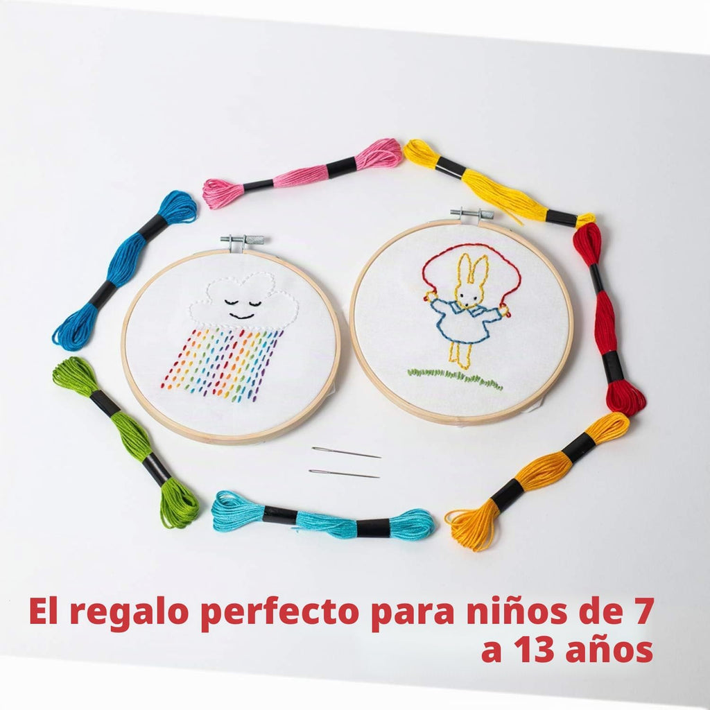 CraftLab Kit de bordado para niños, kit de costura para principiantes con 10 proyectos, aros, hilo, patrones