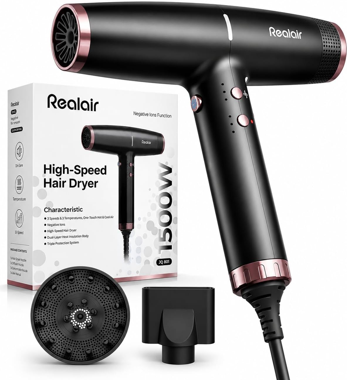 Secador de pelo iónico profesional con difusor, secador de alta