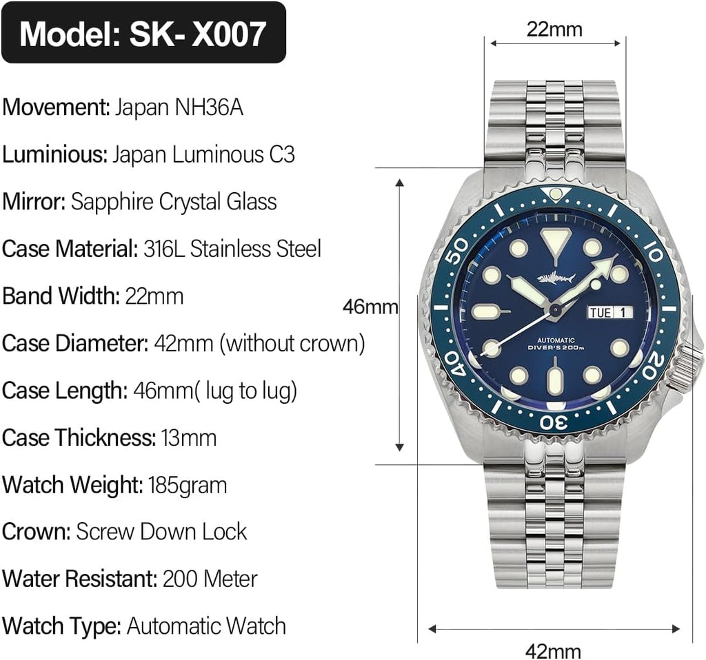 TACTICAL FROG Heimdallr SKX007 Relojes para hombre, movimiento NH36A, cristal de zafiro, buceo automático, 200M, C3 luminoso, esfera de 42mm