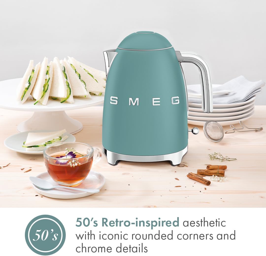 SMEG KLF03 - Hervidor eléctrico de 1,7 L (7 tazas), caldera de agua caliente retro para té y café, hervidor de cocción rápida, apagado automático, tapa abierta suave, base giratoria de 360°