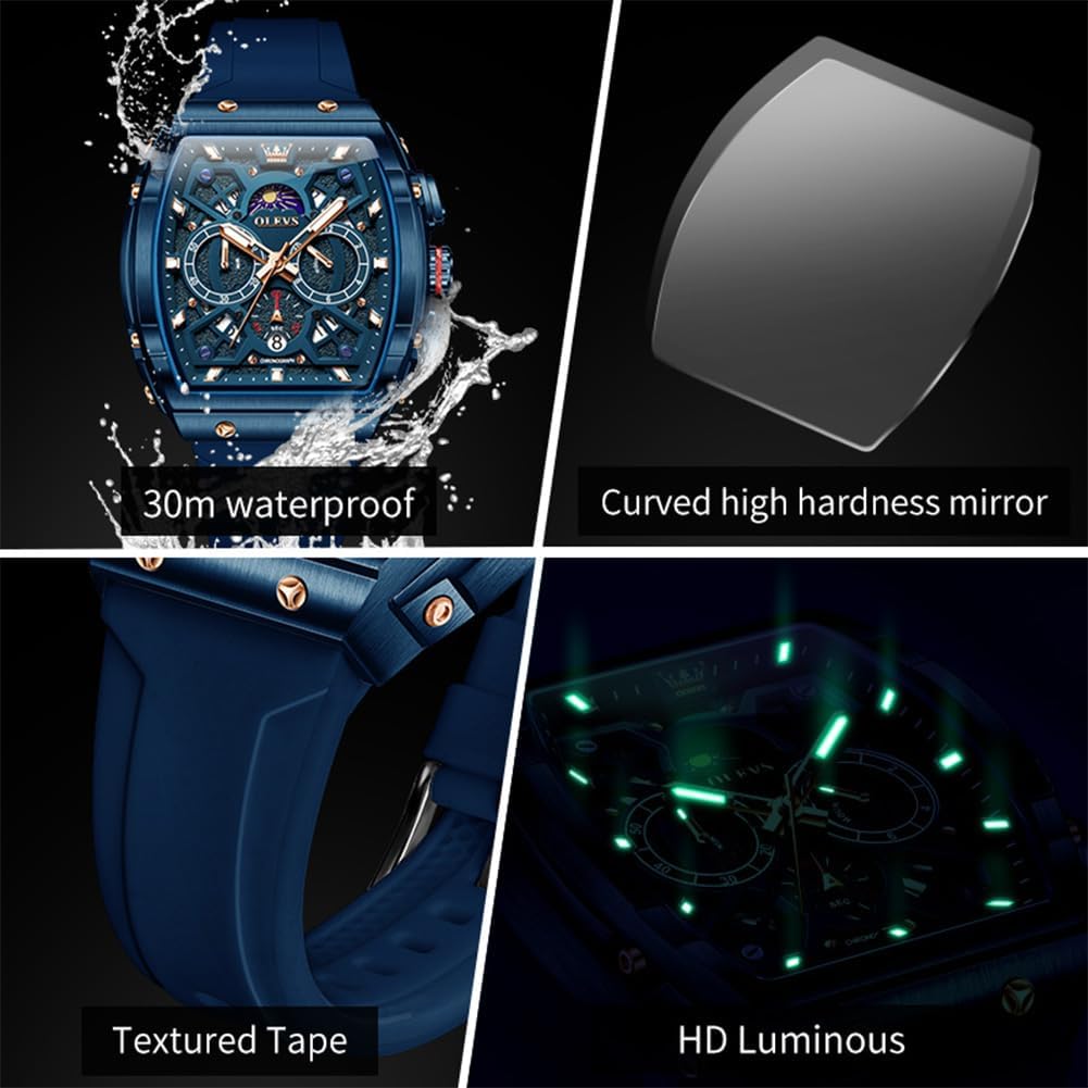 OLEVS Relojes para Hombre Casual Lujo Cara Grande Cronógrafo Multifuncional Relojes de Hombre Correa de Silicona/Nylon Duradera 3 ATM Resistente al Agua Reloj de Hombre Fecha Fase Lunar Reloj