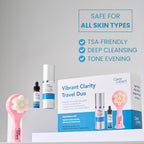 Vibrant Clarity Travel Skincare Set | Limpiador exfoliante GSL AHA/BHA compatible con la TSA y 20% vitamina C + E + suero ferúlico con cepillo facial y bolsa de viaje | Piel de vidrio para llevar