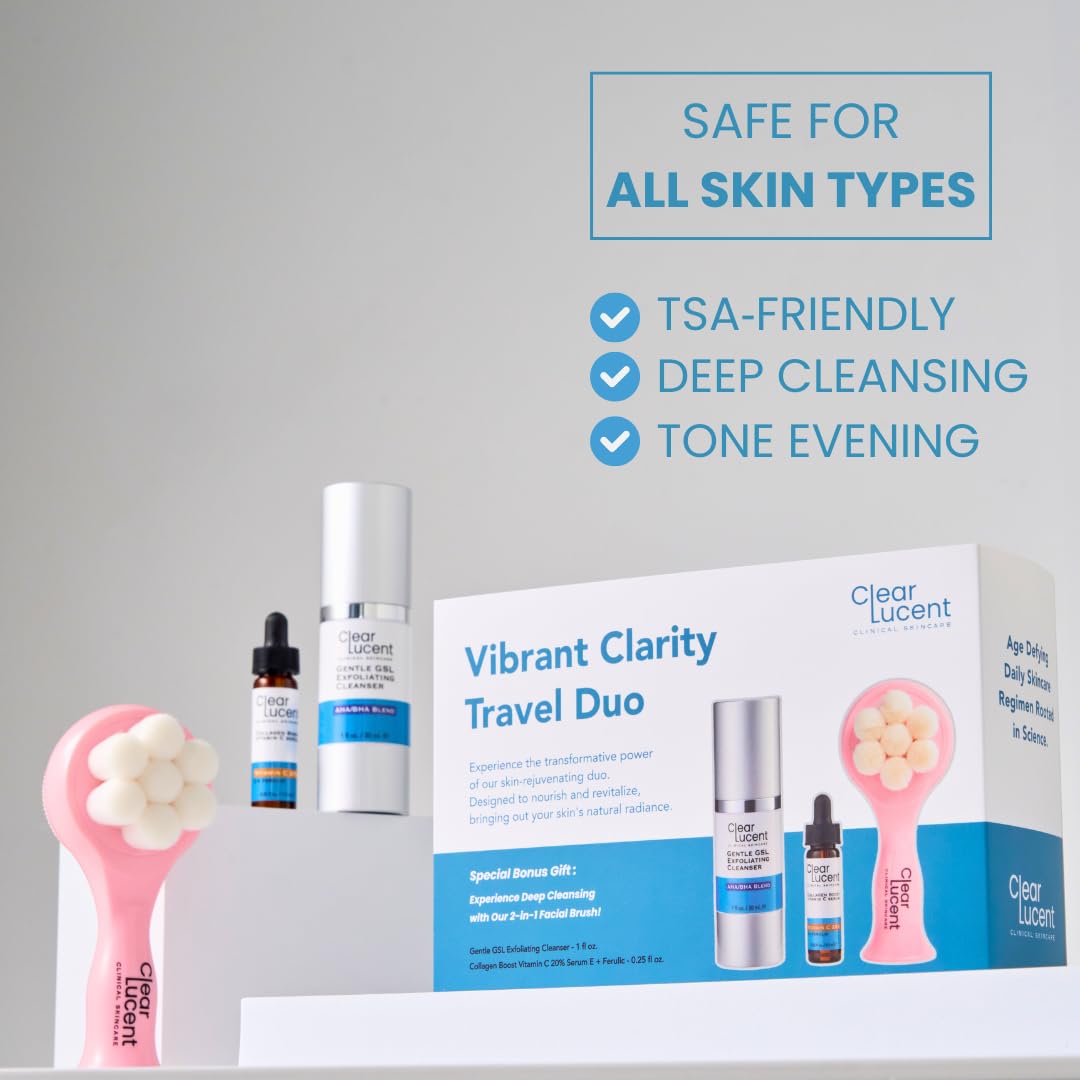 Vibrant Clarity Travel Skincare Set | Limpiador exfoliante GSL AHA/BHA compatible con la TSA y 20% vitamina C + E + suero ferúlico con cepillo facial y bolsa de viaje | Piel de vidrio para llevar