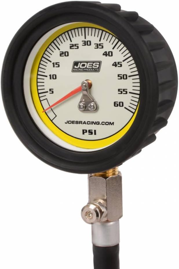 Joes Racing Products, manómetro para neumáticos Pro Tire, brilla en la oscuridad, 0-60 psi, analógico, 6.35 cm de diámetro, cara blanca, incrementos de 0.45 kg, cada uno, NEGRO, 32317