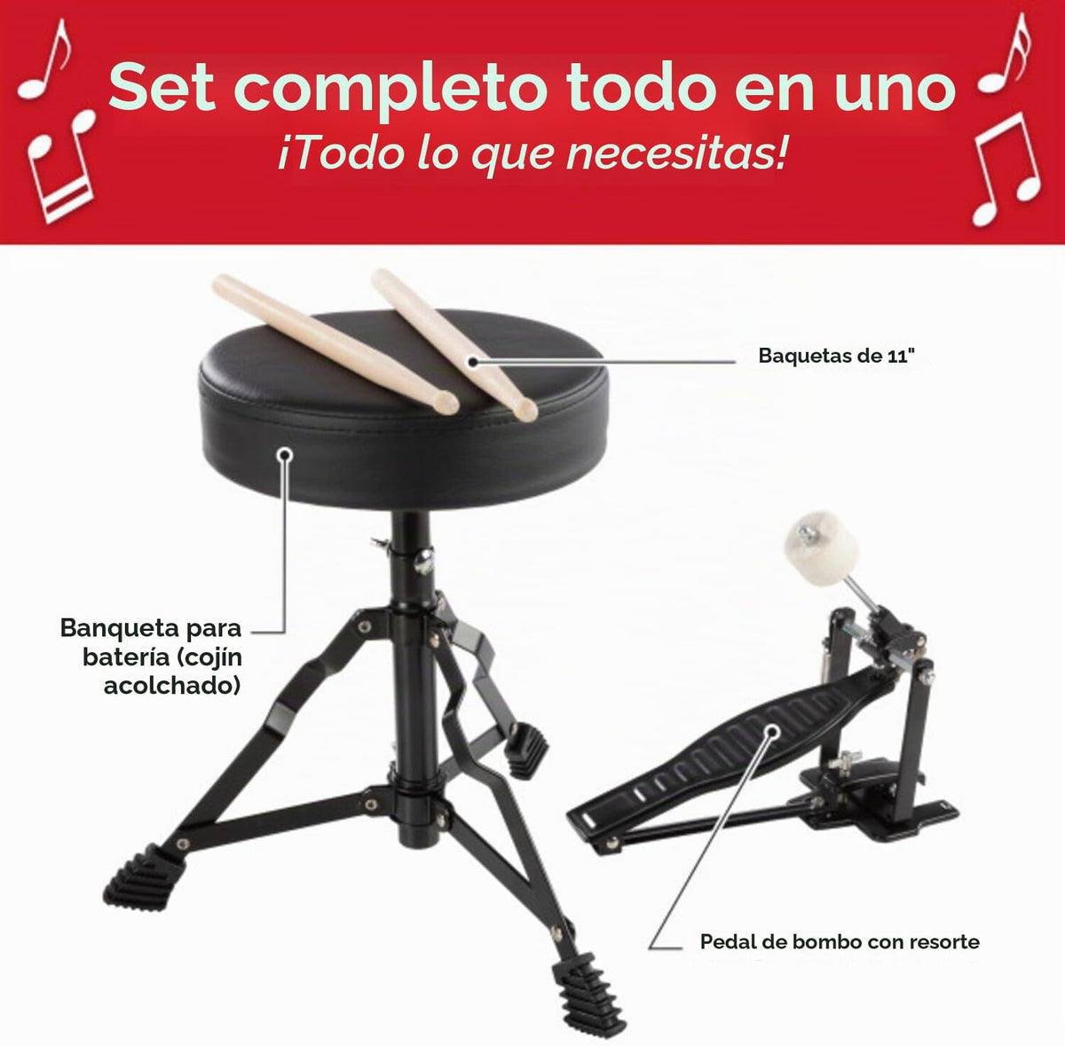 Hey Play - Juego de batería para niños, negro, juego de 3 piezas