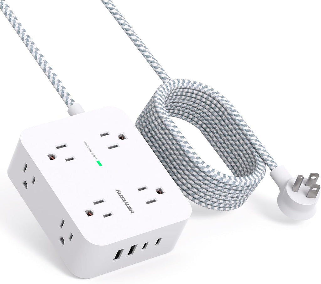 HANYCONY - Regleta protectora de sobretensiones de 10 pies, cable de extensión con 8 salidas de CA, 4 puertos USB (2 USB C), enchufe plano, estación de carga USB para escritorio de montaje en pared