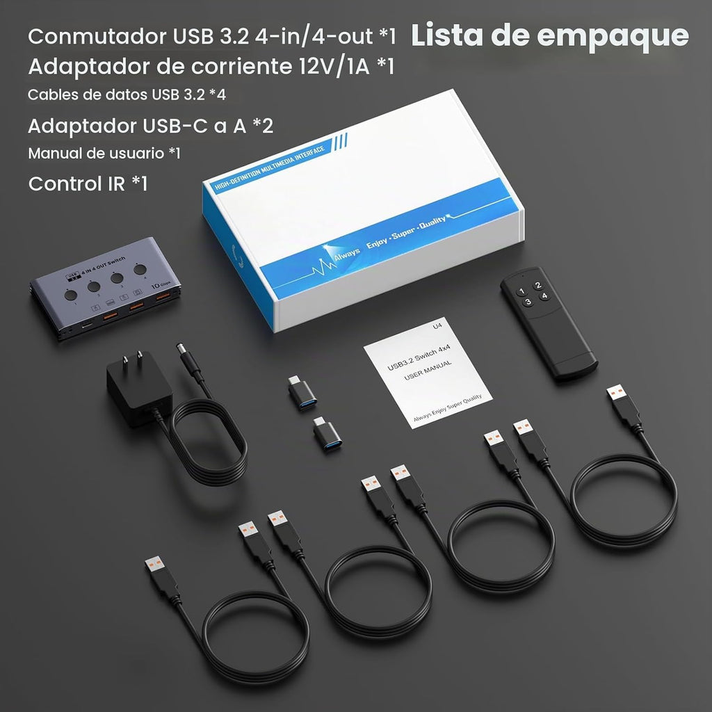Selector de conmutador USB 3.2 4 computadoras comparten 4 dispositivos USB 10Gbps Interruptor de uso compartido USB de alta velocidad con 1 USB-C y 3 puertos USB-A, conmutador de teclado y mouse para